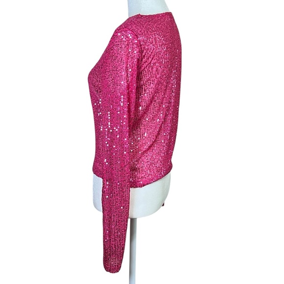 Chelsea & Violet Pink Sequin Top Festive Boxy Layering Semi Sheer Sz Small NEW - Picture 3 of 12